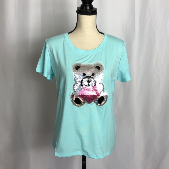 Light Blue Teddy Bear Embroidered T-Shirt NWT - Picture 2 of 5